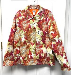 Chico’s Jacket Floral Cotton Stretch Lined Sequin Detail Button Up Size 3 or XL